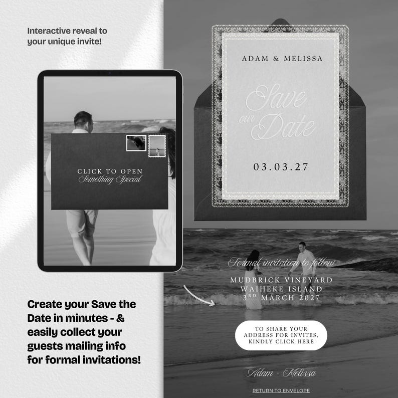 May include: A black and white wedding invitation design. The design includes a "Save the Date" card with the date 03.03.27, and an interactive reveal on a tablet. The invitation also includes the names Adam & Melissa.