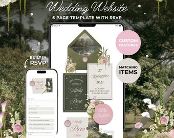May include: A digital wedding website template featuring five pages and an RSVP form. The design includes olive green and white stationery elements, floral accents, and text reading Wedding Website 5 Page Template With RSVP, Andy & Rose, and 27 September 2027.