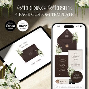 Op de afbeelding: Een digitale trouwwebsite-sjabloon weergegeven op een tablet en smartphone. Het ontwerp toont een donkerbruine envelop met bloemaccenten, en de tekst "WEDDING WEBSITE" en "4 PAGE CUSTOM TEMPLATE". Bewerkbaar in Canva.