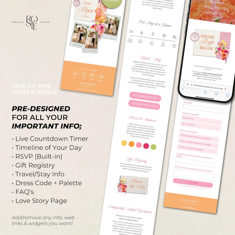 Puede incluir: Una plantilla de invitaci&oacute;n de boda digital con temporizador de cuenta regresiva, cronograma, formulario RSVP, detalles de viaje y lista de regalos. El dise&ntilde;o incluye acentos florales, marcadores de posici&oacute;n de fotos y campos de texto en una interfaz m&oacute;vil.