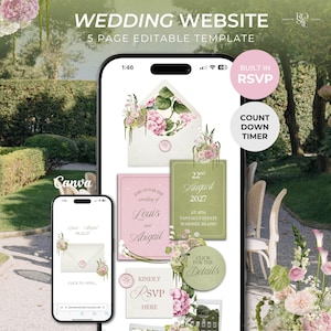 Puede incluir: Una plantilla de sitio web de bodas editable de 5 páginas mostrada en dos teléfonos inteligentes. Las pantallas muestran diseños florales rosas y verdes, un sobre con sello de cera, detalles de la boda de Louis y Abigail el 22 de agosto de 2027.