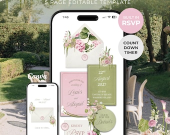 Pink & Green Floral Wedding Website Template with RSVP: Editable Canva Design (Digital Download)