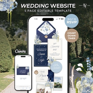 May include: A 5-page editable wedding website template displayed on two smartphones. The design features navy blue and white stationery with blue floral accents, including an envelope, RSVP card, and date details for January 20, 2027.