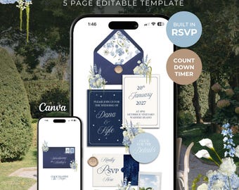 Navy & Dusty Blue Wedding Website Template with RSVP: Editable Canva Design (Digital Download)