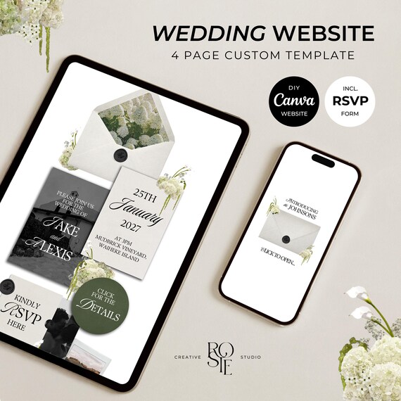 Ivory Black & Green Floral Wedding Website Template with RSVP: Editable Canva Design (Digital Download)