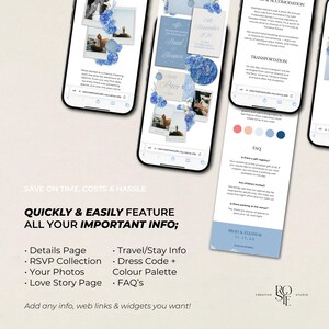 Puede incluir: Una plantilla de sitio web de bodas digital mostrada en varias pantallas de tel&eacute;fonos inteligentes, con un esquema de color azul claro y blanco, detalles florales, marcadores de posici&oacute;n de fotos, secciones de RSVP, informaci&oacute;n de viaje y preguntas frecuentes.