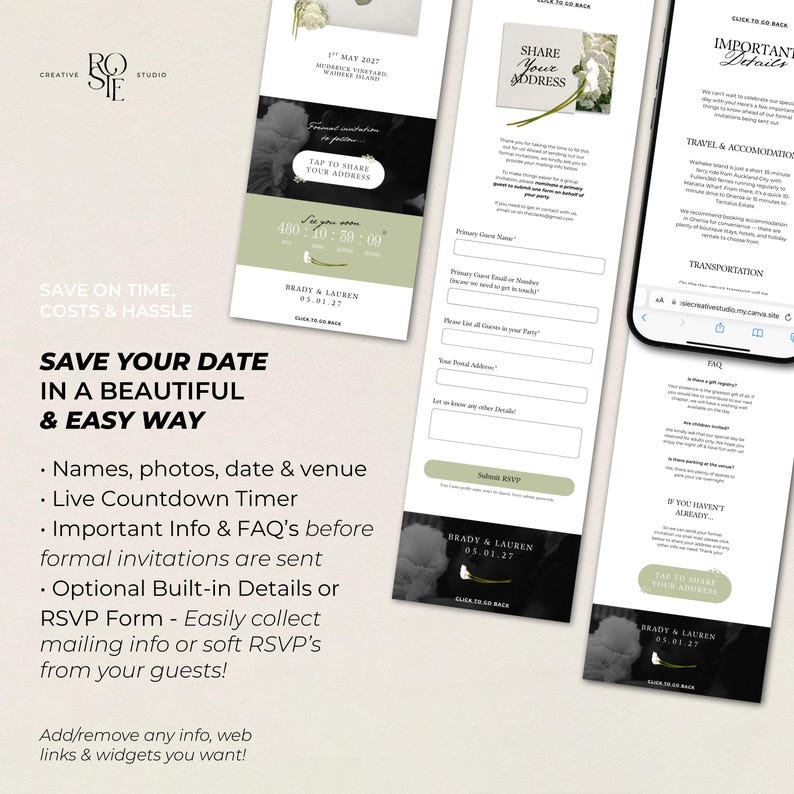 Sage Green & Ivory Save the Date Website: Canva Wedding Invitation Template (Digital Download) image 2