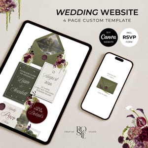 Olive Green & Burgundy Floral Wedding Website Template with RSVP: Editable Canva Design (Digital Download)
