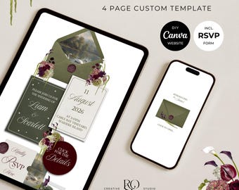 Olive Green & Burgundy Floral Wedding Website Template with RSVP: Editable Canva Design (Digital Download)