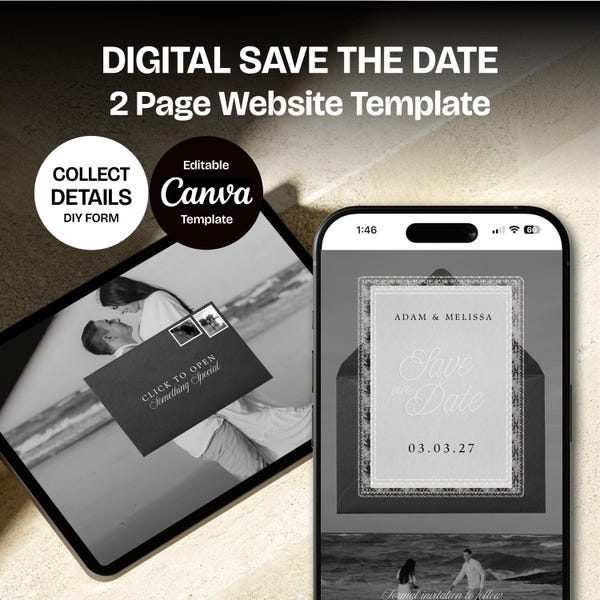 Black & White Lace Save the Date Website: Canva Digital Invitation (Digital Download)