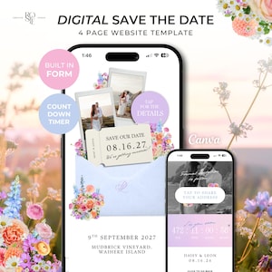 Może przedstawiać: Cyfrowy szablon strony internetowej "save the date" składający się z 4 stron, wyświetlany na dw&oacute;ch smartfonach. Projekt zawiera ilustracje kwiatowe, zdjęcia w stylu polaroid, grafikę biletu z datą 08.16.27 oraz jasnoniebieską kopertę. Tekst zawiera "Built in form" i "Count down timer."