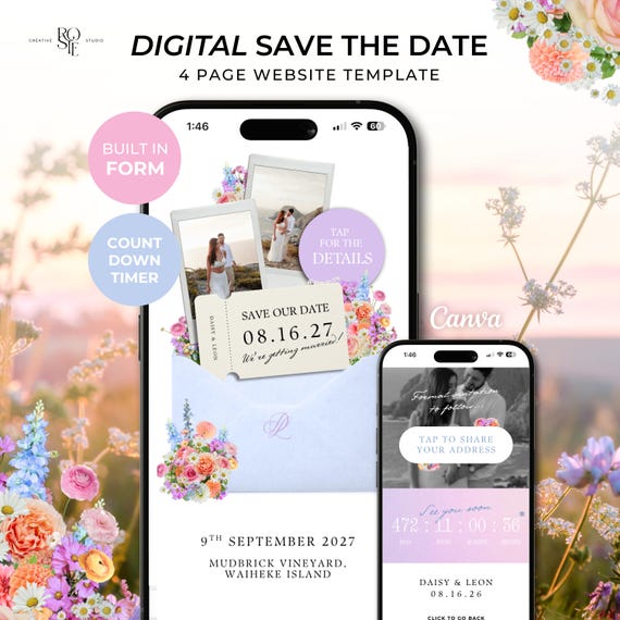 Wildflower Pastels Save the Date Website with Details Collection: Canva Digital Invitation Template (Digital Download)