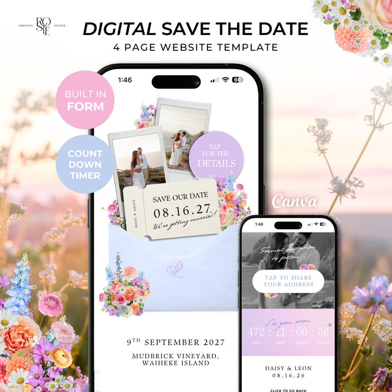 Może przedstawiać: Cyfrowy szablon strony internetowej "save the date" składający się z 4 stron, wyświetlany na dw&oacute;ch smartfonach. Projekt zawiera ilustracje kwiatowe, zdjęcia w stylu polaroid, grafikę biletu z datą 08.16.27 oraz jasnoniebieską kopertę. Tekst zawiera "Built in form" i "Count down timer."