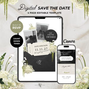 Black, Ivory & Green Save the Date Website: Canva Digital Invitation (Digital Download)