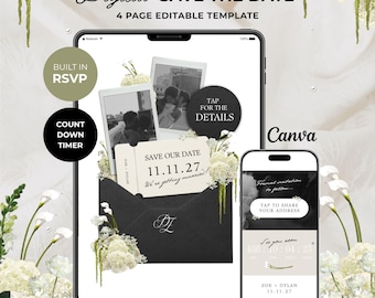 Black, Ivory & Green Save the Date Website: Canva Digital Invitation (Digital Download)