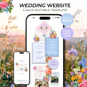 May include: A digital wedding website template displayed on two smartphones, featuring five editable pages with floral illustrations, RSVP sections, and a countdown timer. The interface includes text such as Wedding Website, 5 Page Editable Template, and Built in RSVP.