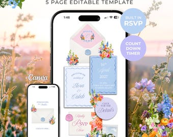 Bright Spring Theme Wedding Website Template with RSVP: Editable Canva Design (Digital Download)