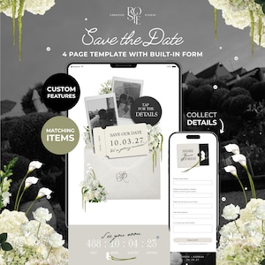 May include: A digital Save the Date 4-page template with a built-in form displayed on two mobile devices. The design features an envelope, ticket-style card with text 10.03.27, and photo frames. Includes text: Custom Features, Matching Items, Tap for the Details, Collect Details, Share Your Address, and See you soon.