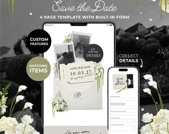 Ivory & Green Floral Save the Date with Built-In Form: Canva Website Template (Digital Download)