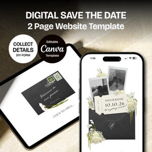 May include: Digital save the date website template displayed on a tablet and smartphone. The design features a black envelope with the text "Welcome to our forever" and the date 10.10.2026. The smartphone shows photos and the text "Save our date 10.10.26".