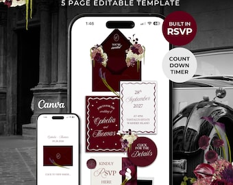 Burgundy Floral Wedding Website Template with RSVP: Editable Canva Design (Digital Download)