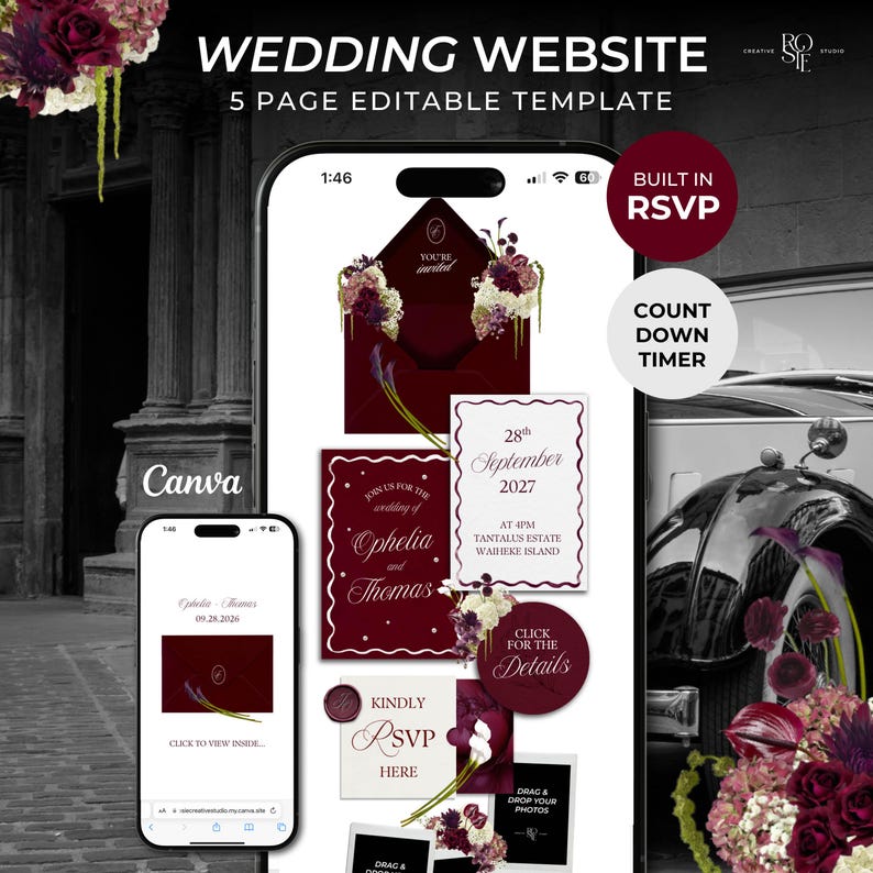 May include: A 5-page editable wedding website template displayed on two smartphones. The design features deep burgundy envelopes, floral arrangements, and white cards with text including "Ophelia and Thomas," "28th September 2027," and "Kindly RSVP Here." The interface includes a countdown timer and built-in RSVP functionality.