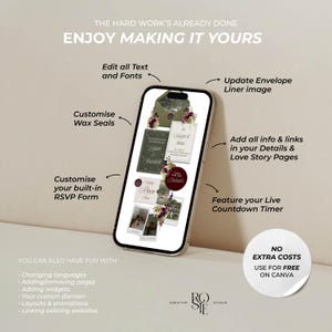 Może przedstawiać: Smartfon wyświetlający cyfrowy szablon zaproszenia ślubnego z kwiatowymi akcentami, woskowymi pieczęciami i formularzami RSVP. Tekst zawiera THE HARD WORK'S ALREADY DONE ENJOY MAKING IT YOURS, Edit all Text and Fonts oraz NO EXTRA COSTS.