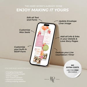 Puede incluir: Una pantalla de smartphone muestra una plantilla de invitaci&oacute;n de boda digital con detalles florales, sellos de cera y formularios RSVP. Los textos superpuestos destacan funciones como editar fuentes, actualizar sobres y a&ntilde;adir temporizadores.