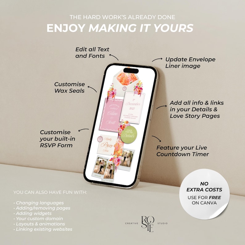 Puede incluir: Una pantalla de smartphone muestra una plantilla de invitaci&oacute;n de boda digital con detalles florales, sellos de cera y formularios RSVP. Los textos superpuestos destacan funciones como editar fuentes, actualizar sobres y a&ntilde;adir temporizadores.