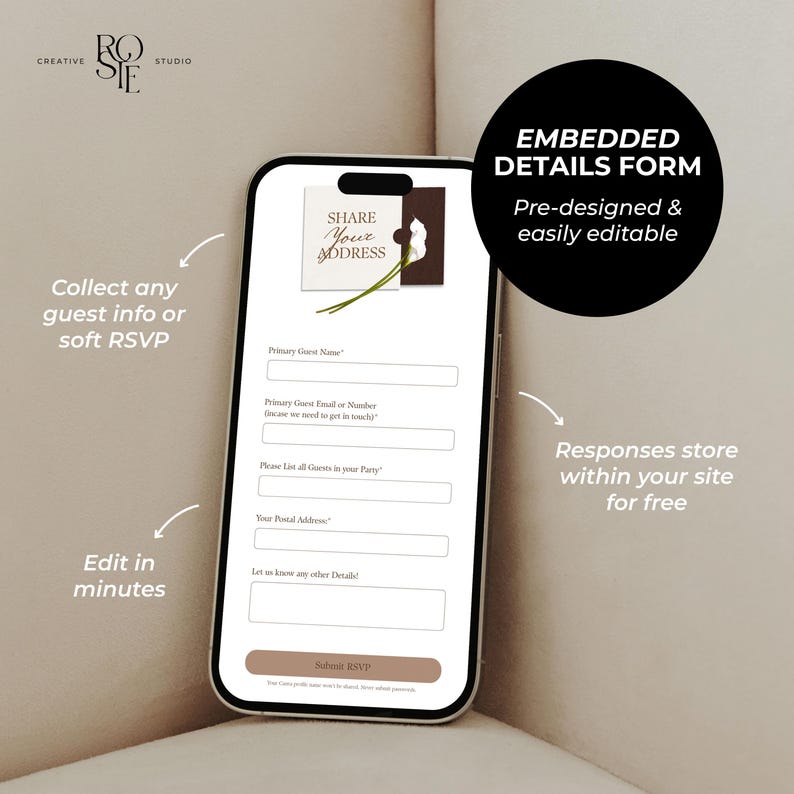 May include: A smartphone screen displaying an embedded details form for event guests. The form includes fields for guest name, contact information, party size, postal address, and additional details, with a brown Submit RSVP button at the bottom.