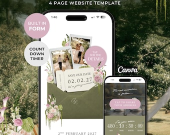 Green & Pink Save the Date Website with RSVP/Details: DIY Canva Template (Digital Download)