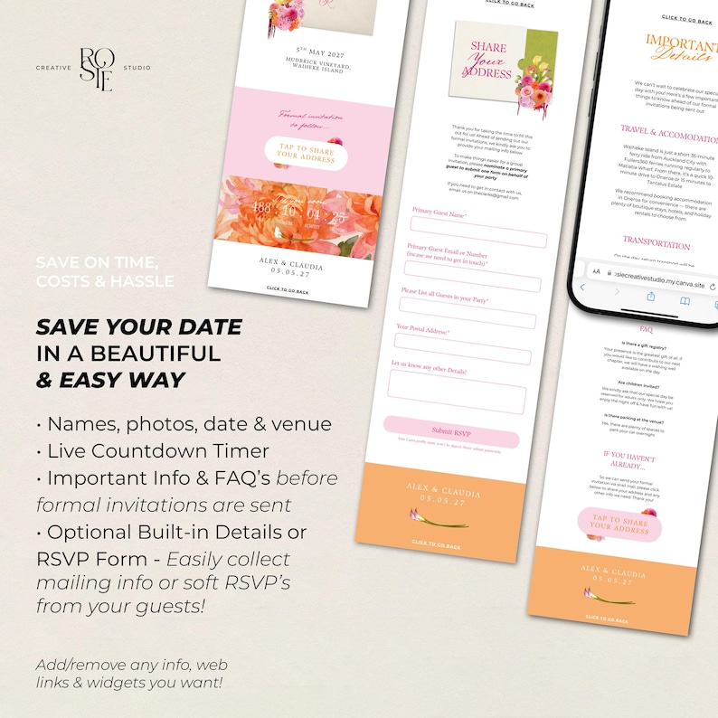 May include: A digital wedding invitation template displayed on three mobile screens, featuring floral graphics, a countdown timer, and an RSVP form. The text includes "Save your date in a beautiful & easy way," "Share your address," and "Important Details."