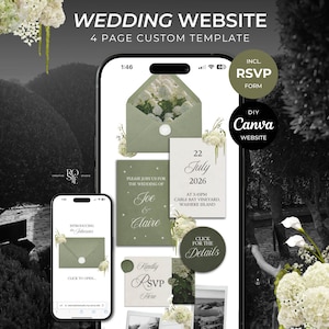 Sage Floral Wedding Website Template with RSVP: Editable Canva Design (Digital Download)