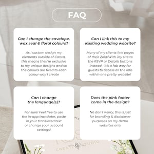 May include: A white informational graphic with the heading FAQ and four square boxes containing text. The text addresses questions about changing envelope and wax seal colors, linking to wedding websites, changing languages, and the pink footer.