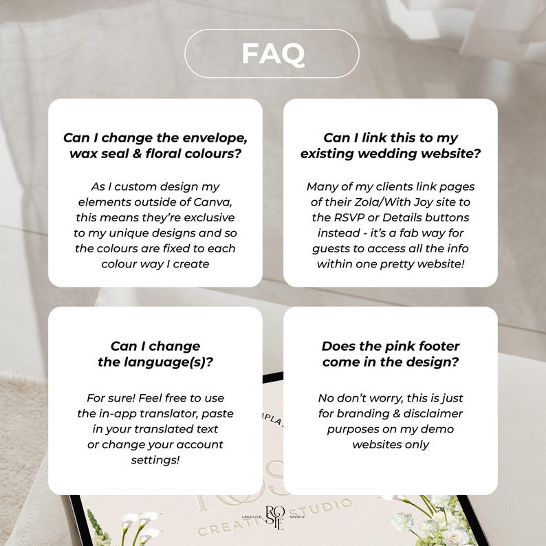 May include: A white informational graphic with the heading FAQ and four square boxes containing text. The text addresses questions about changing envelope and wax seal colors, linking to wedding websites, changing languages, and the pink footer.