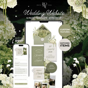 Könnte beinhalten: Eine digitale Hochzeits-Website-Vorlage mit fünf Seiten und einem RSVP-Formular. Das Design umfasst salbeigrüne und weiße Briefpapierelemente, florale Akzente sowie den Text Wedding Website, 5 PAGE TEMPLATE WITH RSVP und BUILT IN RSVP.