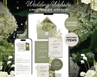 Green Floral Wedding Website with RSVP Function: Editable Canva Template (Digital Download)