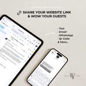 Pode incluir: Um tablet e um smartphone exibindo interfaces de convite digital. O tablet mostra uma mensagem do Gmail intitulada Unveil the Magic, enquanto o telefone exibe uma mensagem de texto. O texto diz: CHOOSE HOW YOU SEND IT, SHARE YOUR WEBSITE LINK & WOW YOUR GUESTS, Text, Email, WhatsApp, Qr Code & More.