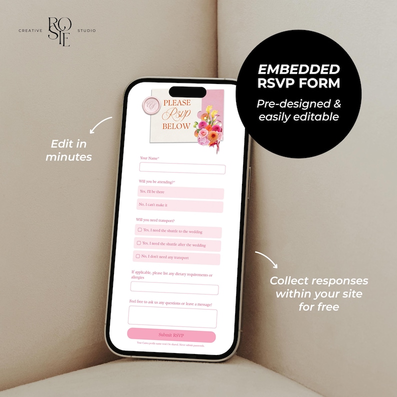 Puede incluir: Una pantalla de smartphone que muestra un formulario RSVP digital con el texto PLEASE RSVP BELOW, un gr&aacute;fico floral, campos para nombre, asistencia, transporte, requisitos diet&eacute;ticos y un bot&oacute;n Submit RSVP.