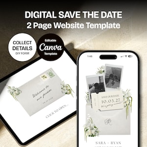 May include: Digital save the date website template displayed on a tablet and smartphone. The tablet shows an envelope with text and flowers. The smartphone displays photos and text. The text includes "Welcome to our forever" and "Save our date".