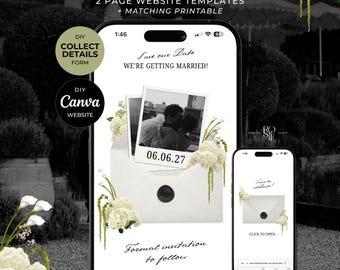 Ivory with Green/Black Save the Date Website: Canva Digital Invitation Template (Digital Download)
