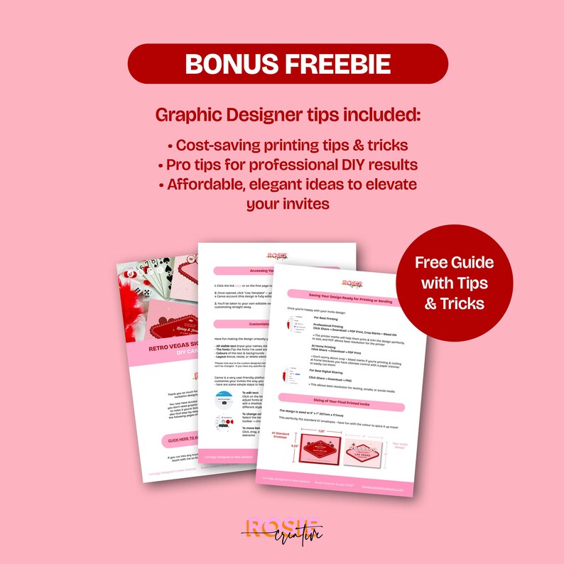 May include: A promotional image with a pink background features a red banner that says "BONUS FREEBIE." Below, text lists graphic design tips. Three pages of design guides are visible, with a red circle that says "Free Guide with Tips & Tricks."