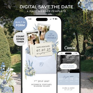 May include: A digital save the date 4-page website template displayed on two smartphones. The design features blue floral accents, two polaroid-style photos of a couple, a ticket-shaped graphic with the text 07.07.27, and a countdown timer.