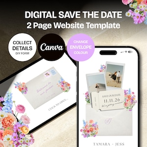 Op de afbeelding: Digitale website-sjabloon voor save the date. Het ontwerp toont een digitale envelop met bloemstukken en de tekst "Welcome to our forever". Een smartphone toont een save the date-kaart met foto's en de tekst "Save our date 11.11.26."