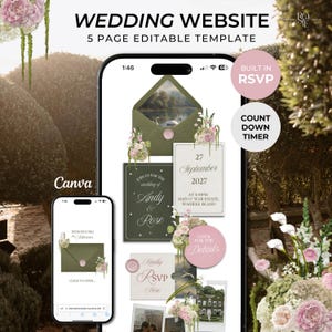 Olive Green & Pink Floral Wedding Website Template with RSVP: Editable Canva Design (Digital Download)