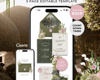 Olive Green & Pink Floral Wedding Website Template with RSVP: Editable Canva Design (Digital Download)