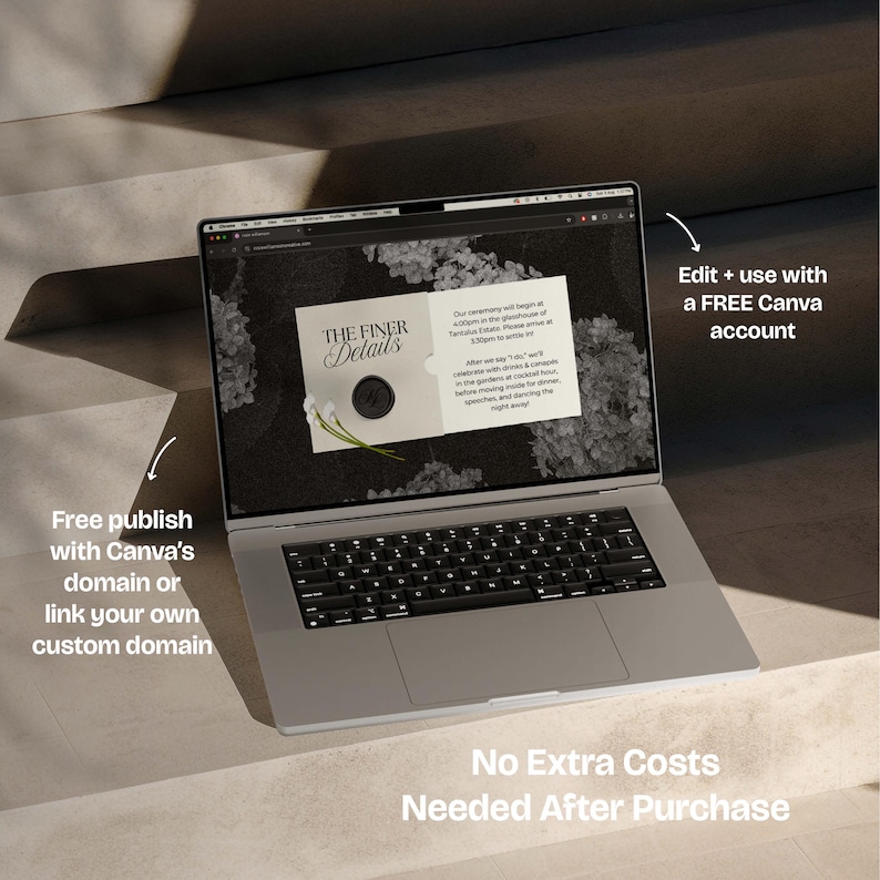 May include: A silver laptop displaying a wedding invitation design with the text "THE FINER Details." The screen also shows the text "Edit + use with a FREE Canva account." Additional text reads "Free publish with Canva's domain or link your own custom domain."