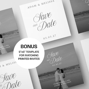 May include: Square wedding invitations with a black and white beach photo and the text "Save our Date" in elegant script. The date "03.03.27" is printed below. The bonus includes a 5"x5" template for matching printed invites.