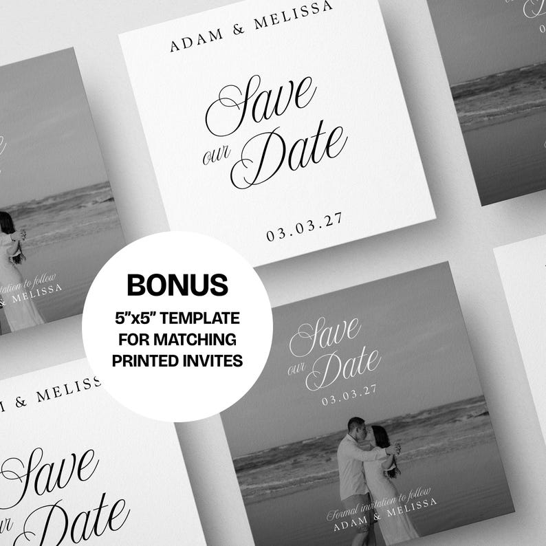 May include: Square wedding invitations with a black and white beach photo and the text "Save our Date" in elegant script. The date "03.03.27" is printed below. The bonus includes a 5"x5" template for matching printed invites.