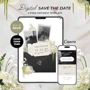 Black, Ivory & Green Save the Date Website: Canva Digital Invitation (Digital Download)